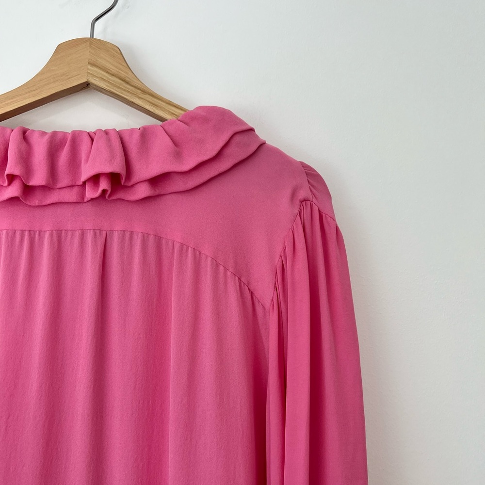 Etro Pink 100% Silk Ruffled Neckline Oversized Button Up Tie Blouse UK L - Picture 8 of 15